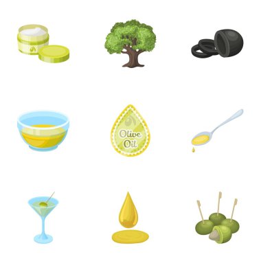 Zeytin, ağaç, dal ve diğer ürünlerinden zeytin. Zeytin toplama simgeler karikatür tarzı vektör simge stok çizim web içinde ayarla..