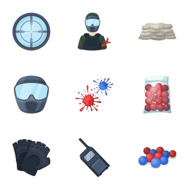 Marker paintball, ekipman, toplar ve oyun için diğer takımlar için. Paintball tek kutsal kişilerin resmi içinde karikatür tarzı vektör simge stok çizim web.