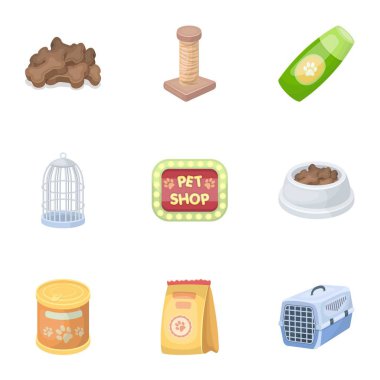 Yaka, evde beslenen hayvan yiyecek ve diğer ürünler. Evde beslenen hayvan dükkan toplama simgeler karikatür tarzı vektör simge stok çizim web içinde.