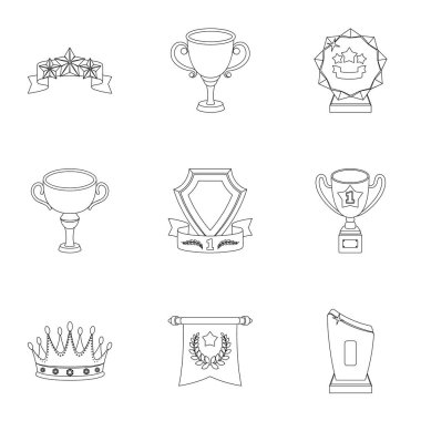 Ödülleri, altın madalya ve kupaları yarışmalar ve yarışmalarda ödül olarak. Anahat stili vektör simge stok çizim üzerinde küme koleksiyon kupalar ve ödüller simgesini.