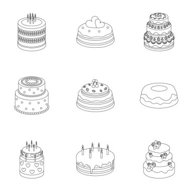 Kek için belgili tanımlık tatil. Bir dizi farklı tatlılar. Güzel dekore edilmiş Pastalar ve kekler. Anahat stili vektör simge stok çizim üzerinde küme koleksiyon simgesinde kek.