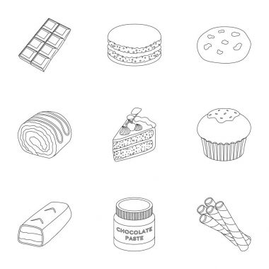 Çikolatalı tatlılar kümesi. Çikolata ürünleri insanlar için. Anahat stili vektör simge stok çizim üzerinde küme koleksiyon simgesinde çikolata tatlılar.