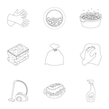 Temizleme, yıkama ve her şey onunla bağlantılı. Temizlik için simgeler kümesi. Anahat stili vektör simge stok çizim üzerinde küme koleksiyon temizlik ve hizmetçi simgesini.