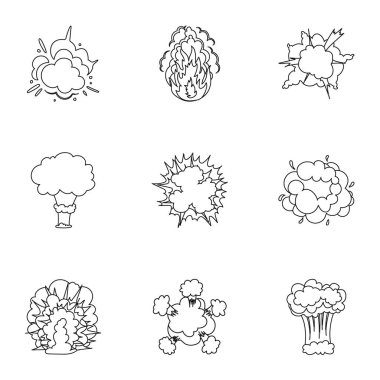 Simgeleri patlama hakkında bir dizi. Çeşitli patlamalar, duman ve ateş bulutu. Anahat stili vektör simge stok çizim üzerinde küme koleksiyon simgesinde patlamalar.