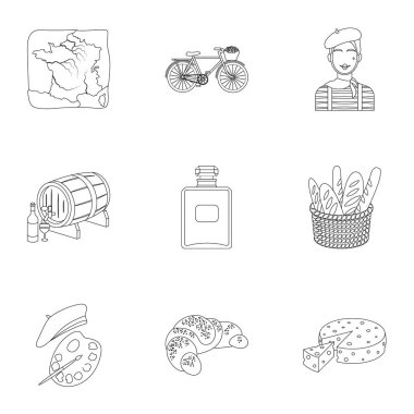 Konumlar Fransa. Fransa'yı öğrenmeniz gerekenler. Fransa ülke simgesinde anahat stili vektör simge stok çizim üzerinde küme koleksiyon.