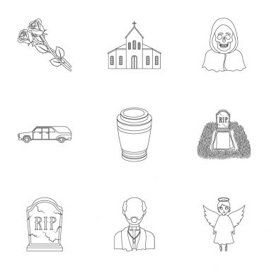 Funeral ceremony, cemetery, coffins, priest.Funeral ceremony icon in set collection on outline style vector symbol stock illustration. clipart