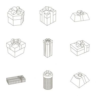 Bir dizi fotoğraf hediyeler. Farklı tatil, sürpriz hediyeler. Hediye paketleme. Hediyeler ve sertifika simge anahat stil vektör üzerinde küme koleksiyon içinde hisse senedi illüstrasyon simgesi.