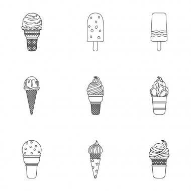 Yaz tatlılar dondurma. Buz, meyve, süt. Anahat stili vektör simge stok çizim üzerinde küme koleksiyon içinde buz creamicon.