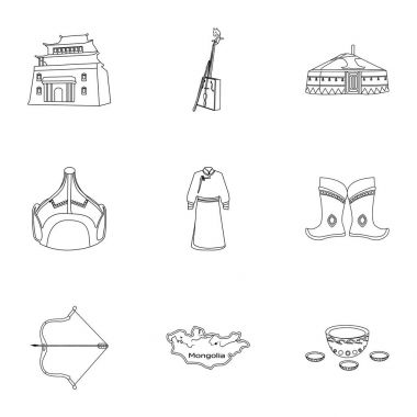 Moğol Ulusal özellikleri. Icons set Mongolia.Clothing, askerler, ekipman hakkında. Anahat stili vektör simge stok çizim üzerinde küme koleksiyon simgesinde Moğolistan.