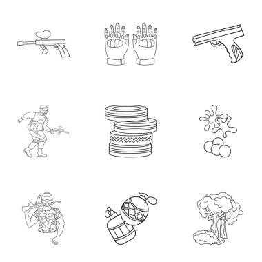 Resimler hakkında paintball oyun topluluğu. Boya balonlarla. Anahat stili vektör simge stok çizim üzerinde küme koleksiyon simgesinde paintball.