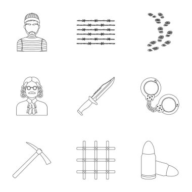 Kümesini tek bir hapishane ve mahkumlar hakkında. Gözetim hırsızlar, mahkeme, suç ve ceza. Anahat stili vektör simge stok çizim üzerinde küme koleksiyon hapishane simgesini.