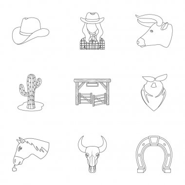 Kovboy resimleri kümesi. Kovboyların ranch, atları, silahları, kamçı. Anahat stili vektör simge stok çizim üzerinde küme koleksiyon simgesinde Rodeo.