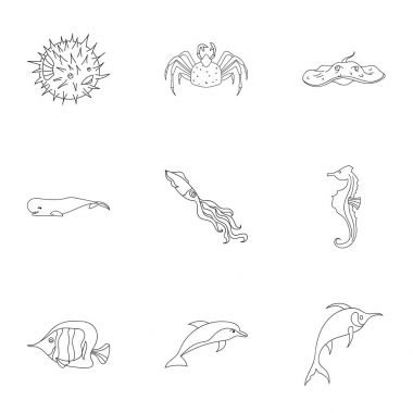 Deniz ve nehir sakinleri. Balık, balinalar, ahtapot. Deniz hayvanları kutsal kişilerin resmi içinde anahat stili vektör simge stok çizim üzerinde küme koleksiyon.