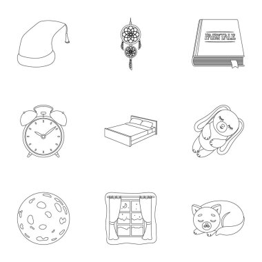 Resimleri bir tema bir rüya geri kalanı üzerinde bir set. Geri kalanı için yatak aksesuarlar. Anahat stili vektör simge stok çizim üzerinde küme koleksiyon uyku ve dinlenme simgesini.