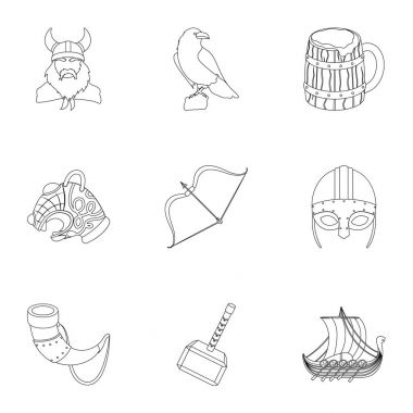 Eski savaşçılar Viking gemi. Kıyafet ve sembolleri anahat stil vektör üzerinde küme koleksiyon Vikings.Vikings simgesinde hisse senedi illüstrasyon simgesi.