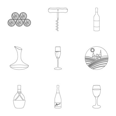 Şarap ürünleri. Büyüyen üzüm, şarap. Anahat stili vektör simge stok çizim üzerinde küme koleksiyon asma üretim simgesini.