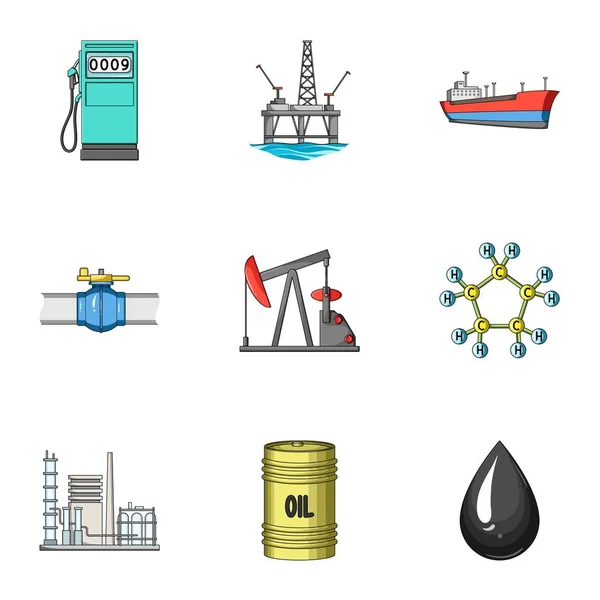 Ropné plošiny, čerpadla a další zařízení k těžbě ropy, zpracování a skladování. Olej nastavení kolekce ikon v kreslený styl vektor symbol akcií ilustrace web. — Stockový vektor