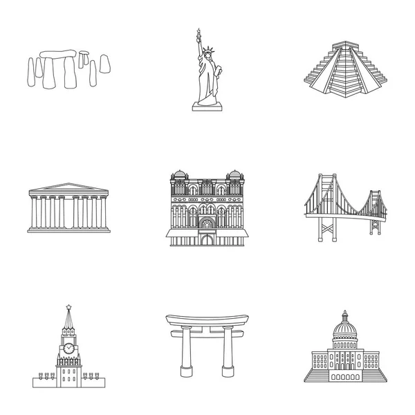 Visites des pays du monde. Bâtiments et monuments célèbres de différents pays et villes. Icône des pays dans la collection définie sur l'illustration vectorielle de style contour . — Image vectorielle