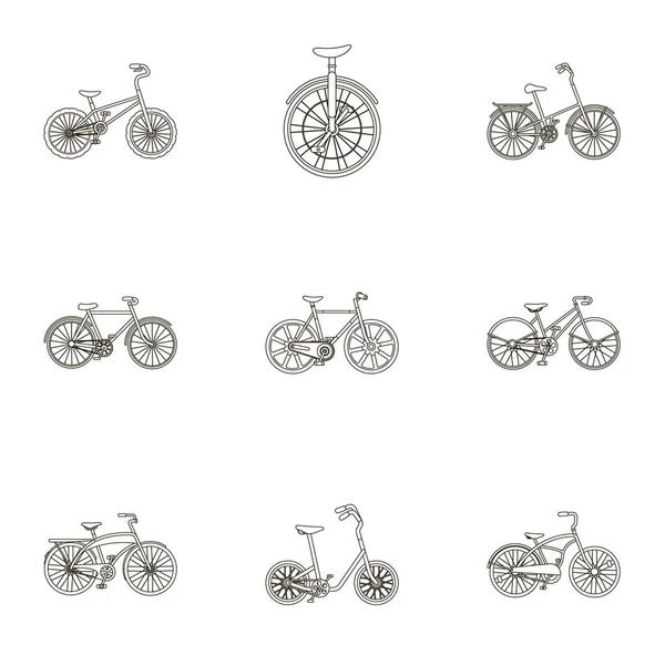 Collection de vélos avec différentes roues et cadres. Différents vélos pour le sport et les promenades.Différentes icônes de vélo dans la collection définie sur l'illustration de stock de symbole vectoriel de style contour . — Image vectorielle
