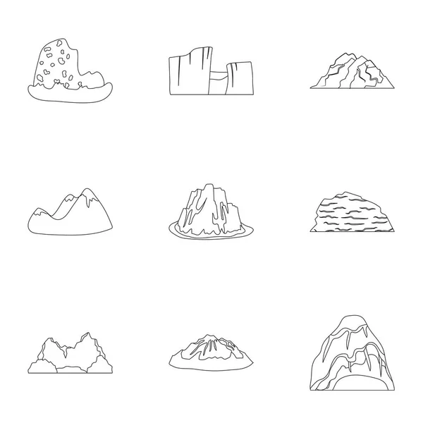 Uppsättning ikoner om olika berg. Vintern, sommaren berg i en samling. Olika berg-ikonen i set samling på disposition stil vektor symbol stock illustration. — Stock vektor