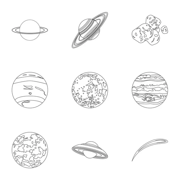 Planetas do sistema solar. Objetos cósmicos. Ícone de planetas na coleção de conjuntos na ilustração de estoque de símbolo de vetor de estilo de contorno . —  Vetores de Stock