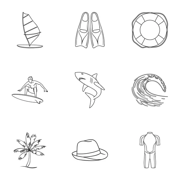 Une collection de photos sur le thème de la plage, la mer, le surf. Sauveteurs de la plage.Icône de surf dans la collection ensemble sur contour style vectoriel symbole illustration de stock . — Image vectorielle