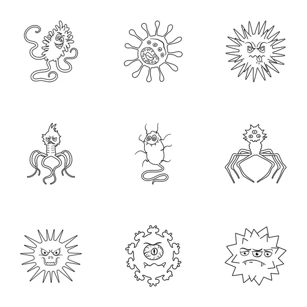 박테리아와 바이러스에 대 한 그림의 집합입니다. 인 간에 게 해로운 세균 개요 스타일 벡터 기호 재고 일러스트 레이 션에 집합된 컬렉션에 바이러스와 박테리아 아이콘. — 스톡 벡터