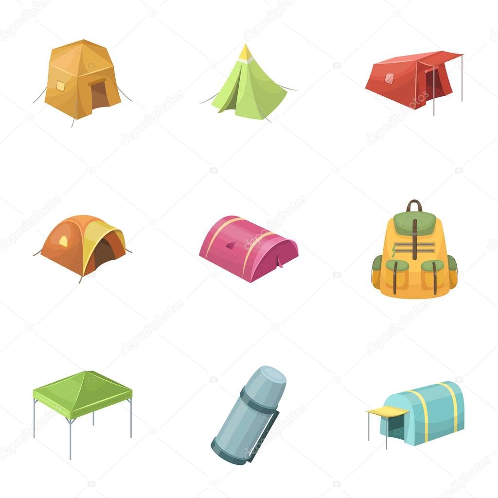 Various kinds of tents and other tourist accessories. The tent set collection icons in cartoon style vector symbol stock illustration .