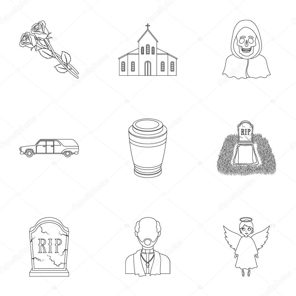 Funeral ceremony, cemetery, coffins, priest.Funeral ceremony icon in set collection on outline style vector symbol stock web illustration.
