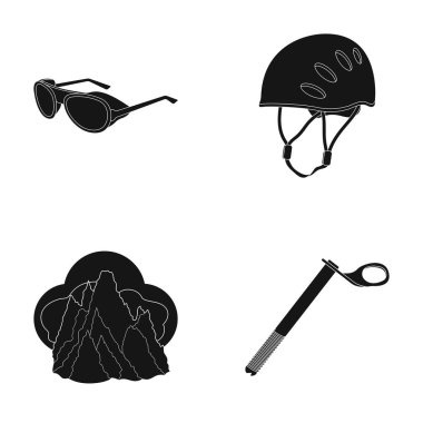 Kask, gözlük, kama Emanet, zirveleri bulutlar. Dağcılık toplama simgeler siyah stil vektör simge stok çizim web içinde ayarla..