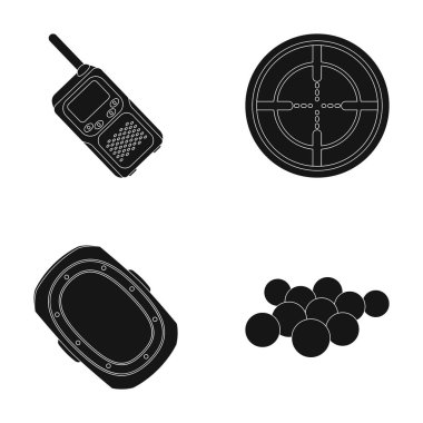 Top boya ve diğer ekipmanlar ile. Paintball tek simge siyah stil vektör simge stok çizim web içinde.