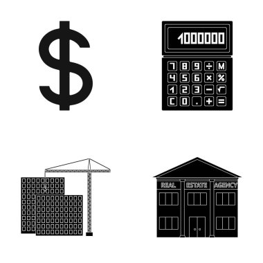 Hesap makinesi, dolar işareti, yeni bina, Emlak Ofisleri. Emlakçı toplama simgeler siyah stil vektör simge stok çizim web içinde ayarla..