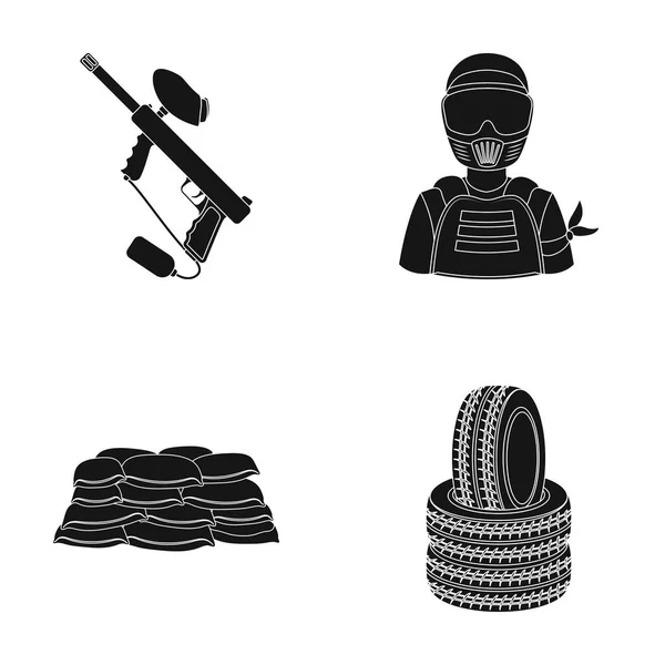 Paintball marcador, jugador y otros accesorios. Paintball icono único en negro estilo vector símbolo stock ilustración web . — Vector de stock