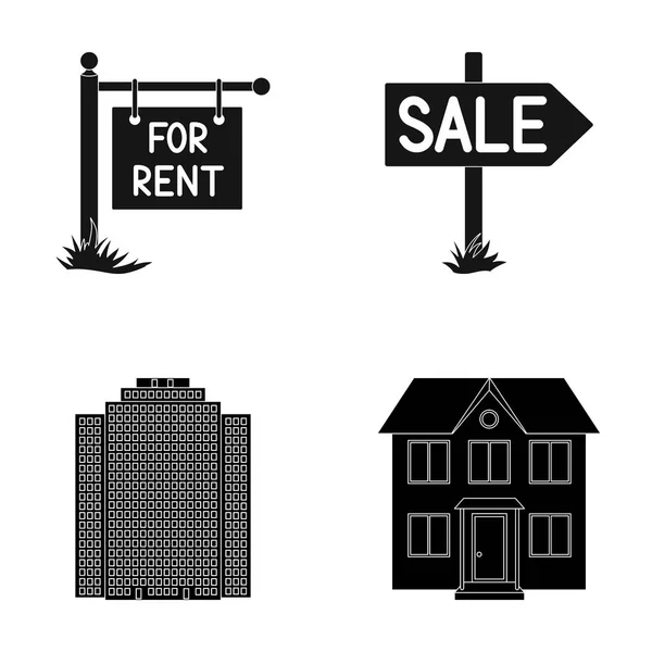 Oznaki sprzedaż i wynajem, drapacz chmur, piętrowy domek. Realtor zestaw kolekcji ikon w czarny styl wektor symbol ilustracji w sieci web. — Wektor stockowy