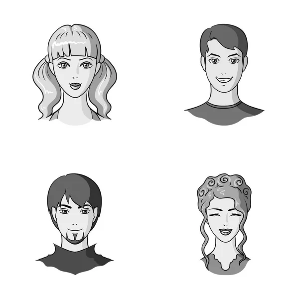 Différents regards de jeunes personnes.Avatar et le visage ensemble icônes de la collection en monochrome style vectoriel symbole illustration web . — Image vectorielle