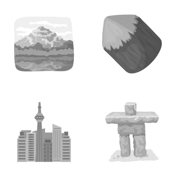 Jezera, hory, věže Si-En a další symboly Canada.Canada sada kolekce ikon v monochromatickém stylu vektor symbol akcií ilustrace web. — Stockový vektor