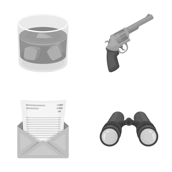 A glass of whiskey, a gun, binoculars, a letter in an envelope.Detective set collection icons in monocrome style vector symbol stock illustration web. — Stock Vector