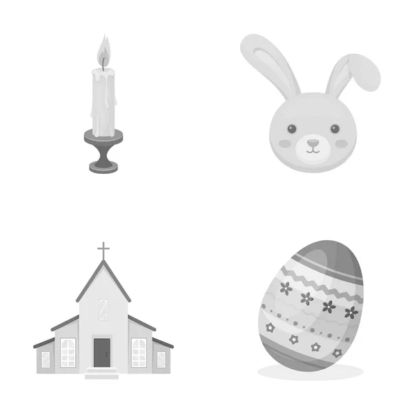 Igreja, vela, coelho de Páscoa e ovo pintado. ícones de coleção de conjunto de Páscoa em estilo monocromático símbolo vetorial estoque ilustração web . — Vetor de Stock
