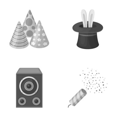 Hileci, müzik ve diğer aksesuarlar partide. Parti ve partits tek renkli stil vektör simge stok çizim web simgeler ayarla.