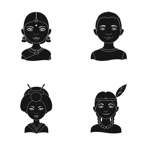 Indiase vrouw, Afrikaans, Japans, Indisch. Menselijk ras collectie iconen in zwarte stijl vector symbool stock illustratie web instellen. — Stockvector