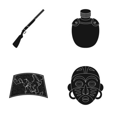 Av tüfeği, case, harita, Afrika maskesi şişeye. Afrika safari toplama simgeler siyah stil vektör simge stok çizim web içinde ayarla..