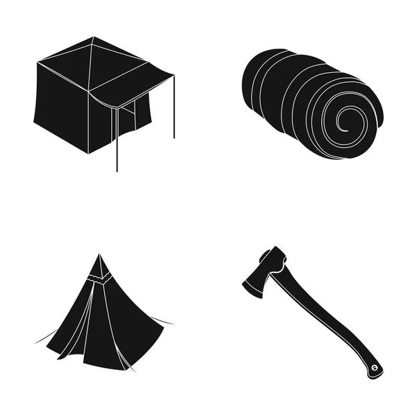 Палатка с навесом, топором и другими аксессуарами. Набор палаток иконки в черном стиле векторные символы фондовые иллюстрации веб . — стоковый вектор