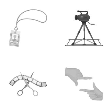 Rozet, operatör jest ve diğer aksesuarları film için. Tek renkli stil vektör simge stok çizim web simgeler ayarla filmini.