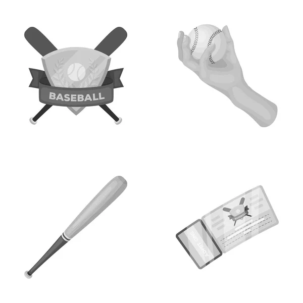 Emblema del club, bate, pelota en mano, boleto para el partido. Béisbol conjunto colección iconos en el estilo monocromo vector símbolo stock ilustración web . — Vector de stock
