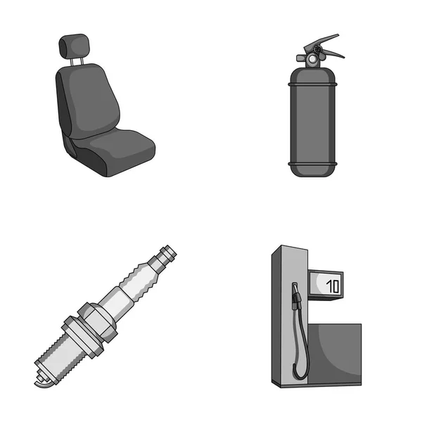 Cadeira com encosto de cabeça, extintor de incêndio, vela de carro, posto de gasolina, ícones de coleção de conjunto de carro no estilo monocromático símbolo vetorial ilustração web . — Vetor de Stock