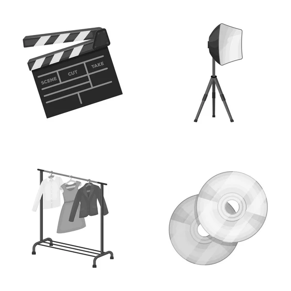 Film, diskler ve diğer ekipmanlar sinema için. Tek renkli stil vektör simge stok çizim web içinde koleksiyon Icons set film yapma. — Stok Vektör