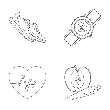 Kalp ritmi, vitaminler ve diğer ekipman eğitim için. Spor ve egzersiz toplama simgeler anahat stili vektör simge stok çizim web ayarla.