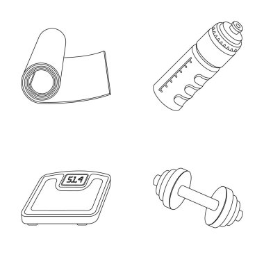 Bir halter, halı ve diğer ekipman eğitim için. Spor ve egzersiz toplama simgeler anahat stili vektör simge stok çizim web ayarla.