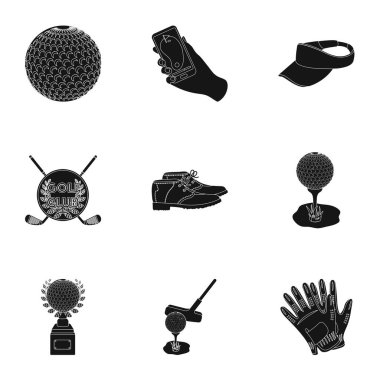 Bir golfçü, bir top, bir kulüp ve diğer golf öznitelikleri. Golf club toplama simgeler siyah stil vektör simge stok çizim web içinde ayarla..