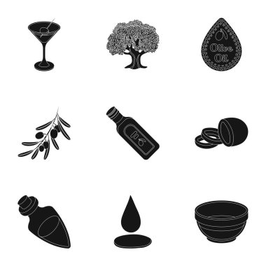 Zeytin, ağaç, dal ve diğer ürünlerinden zeytin. Zeytin toplama simgeler siyah stil vektör simge stok çizim web içinde ayarla..